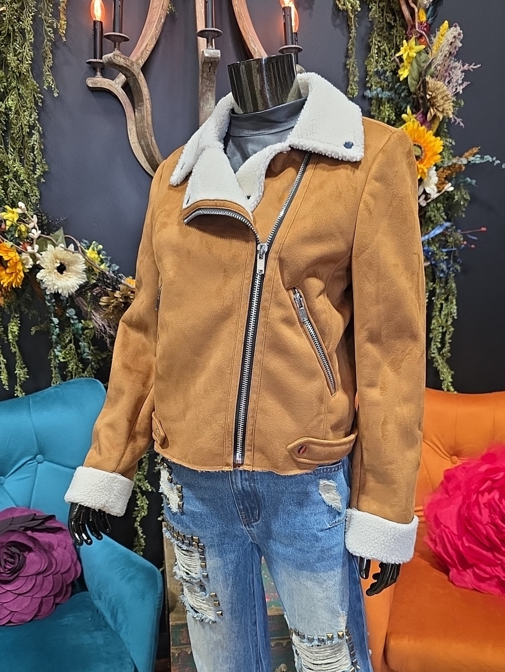 Mango Shearling-Look Moto Jacket in Faux Suede & Sherpa